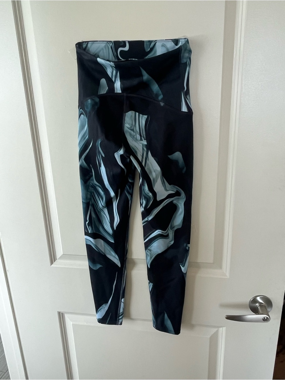 SPANX Black and Teal Marble-Print High-Waist Leggings